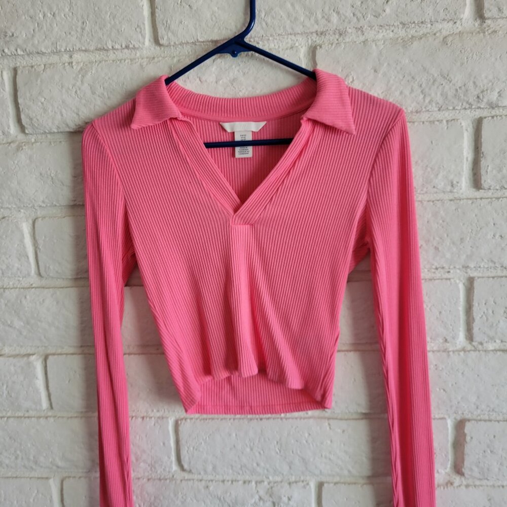 H&M Cropped Bright Pink Collared Long Sleeve Tee Sz XS